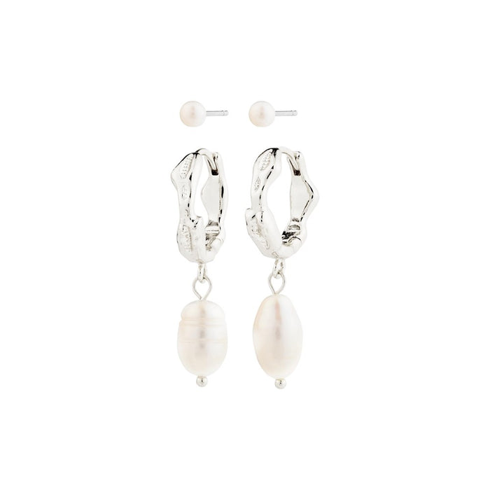 Jonne Pearl Earrings 2-In-1 Set - Silver Plated - White